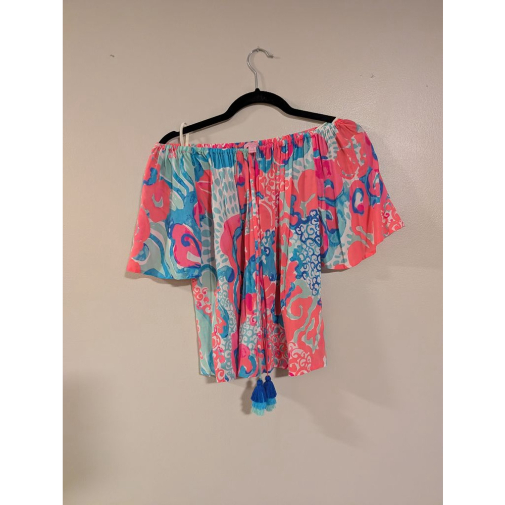 Women's Lilly Pulitzer XS Pink Blue Off-the-Shoulder Blouse